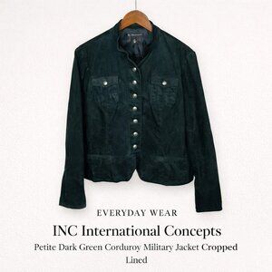 INC Petite Dark Green Corduroy Military Jacket Lined Cropped M
